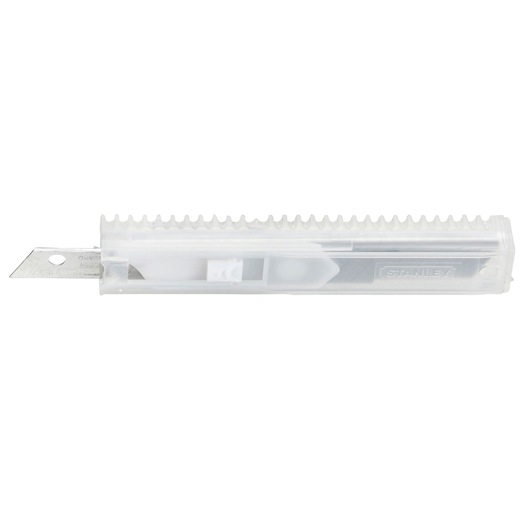 A clear plastic container holding a STANLEY utility knife blade with a visible metal blade. The container features a ridged