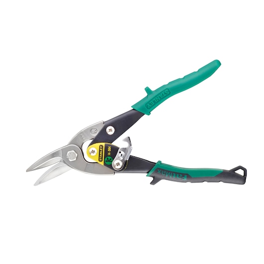 STANLEY 2-14-564 aviation snip with green and black handles, side view on white background.