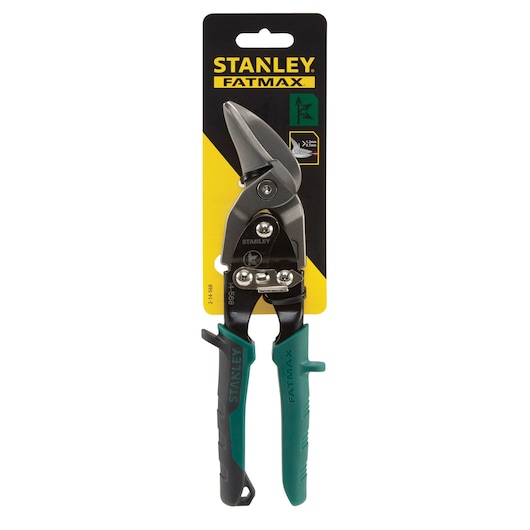 STANLEY 2-14-568 aviation snips with curved green handles, front angle, packaging visible.