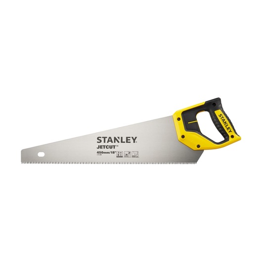 STANLEY 2-15-283 Jetcut hand saw, 450mm blade, yellow and black handle, side view, photography.