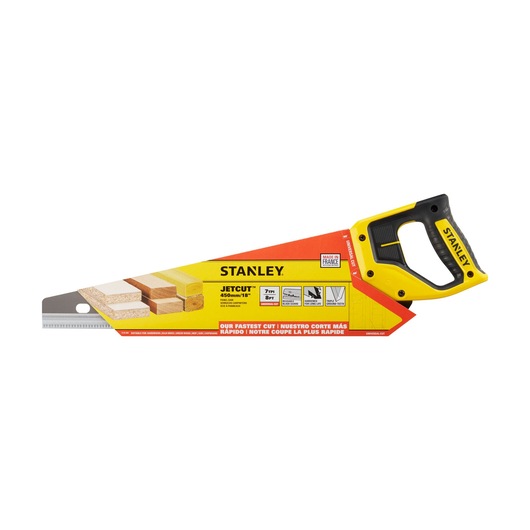 STANLEY 2-15-283 hand saw, JetCut, 450mm blade, yellow and black handle, photography, side angle.