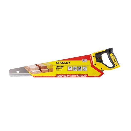 Photo of STANLEY 2-15-289 JetCut hand saw with yellow and black handle, side view on white background.