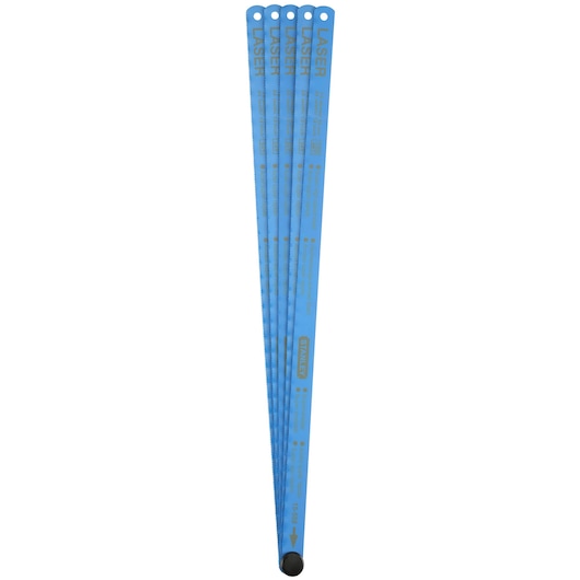 STANLEY 2-15-558 blue hacksaw blades set, pack of five, metal cutting tools, straight angle on white background.