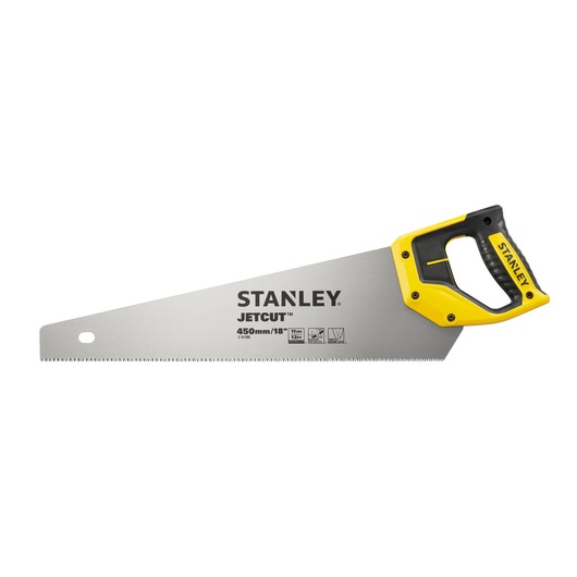 Stanley Jetcut hand saw with yellow and black handle, 450mm blade, shown against a white background.