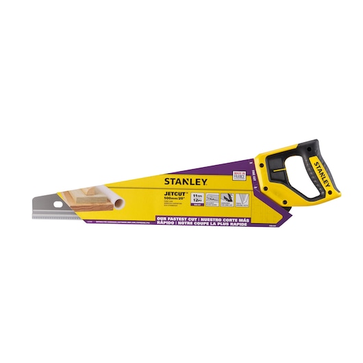 Stanley 2-15-599 hand saw, JetCut 500mm/20in, yellow and black handle, side angle, product photography.