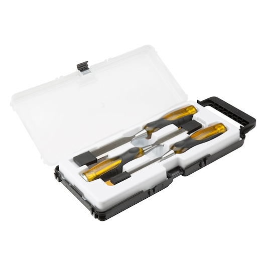 STANLEY 2-16-268 chisel set with amber handles in a white plastic case, angled view, product photography.