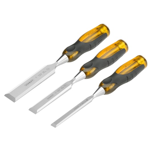Stanley set of three wood chisels with yellow and black handles, arranged side by side on a white background.