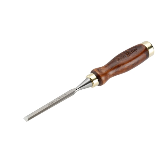 Photo of STANLEY 2-16-384 wood chisel with beveled edge, polished steel blade, and wooden handle, side angle.