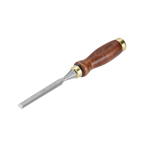 Woodworking chisel with a metal blade and wooden handle with brass accents, photographed on a white background.