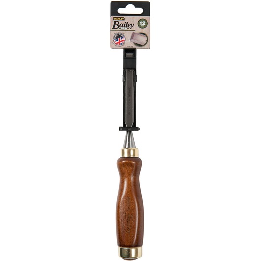 STANLEY 2-16-385 wood chisel with brown wooden handle, brass ferrules, and packaging, front angle.