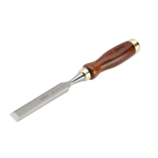 Photo of STANLEY 2-16-391 woodworking chisel with wood handle, brass ferrule, and straight steel blade, angled view.
