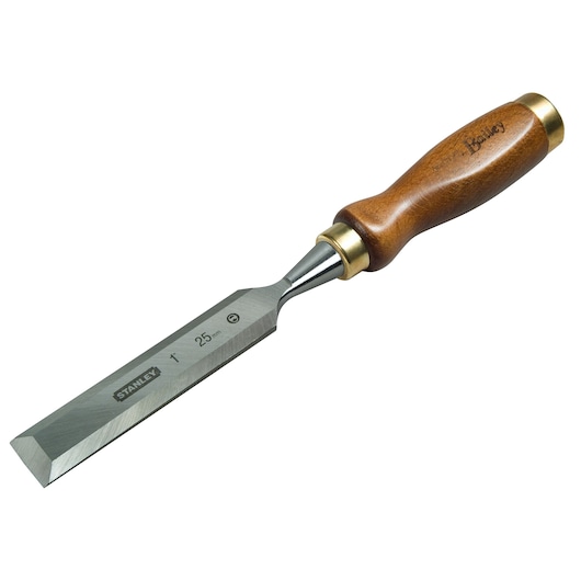 STANLEY 2-16-392 wood chisel with polished steel blade and wooden handle, front angle photo.