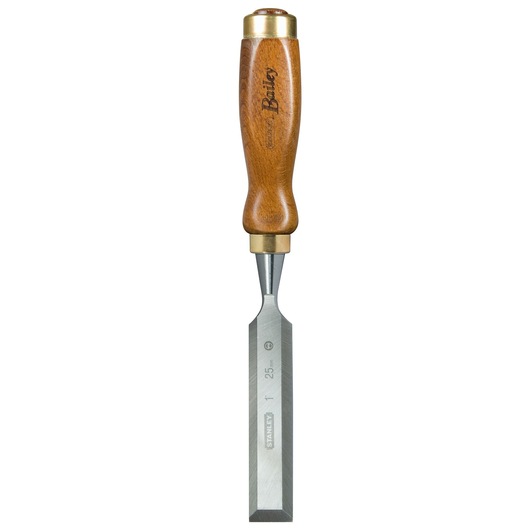 STANLEY wood chisel with a wooden handle and a sharp metal blade, ideal for woodworking.