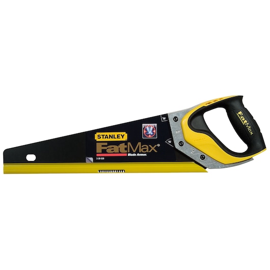Stanley FatMax hand saw 2-20-528, yellow and black, photographed from the side on a white background.