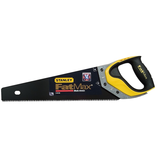 STANLEY 2-20-528 hand saw, FatMax series, black and yellow handle, left side view on white background.