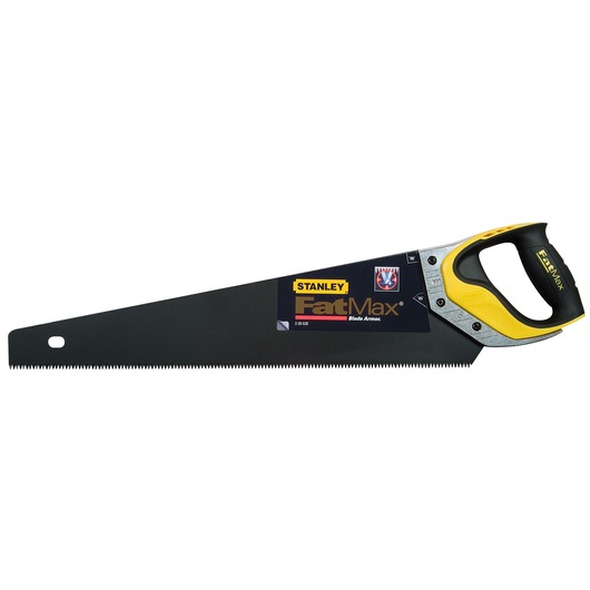 Stanley 2-20-529 FatMax hand saw, black blade, yellow and black handle, side view, photography