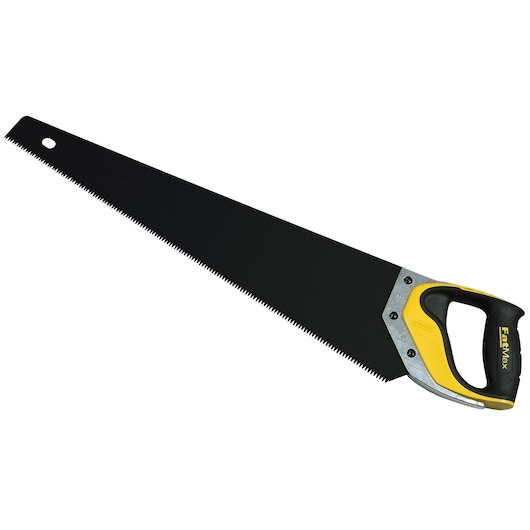 STANLEY 2-20-530 hand saw with black blade and yellow ergonomic handle, left side view, product photography.