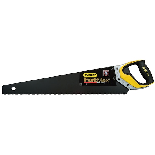 Photo of STANLEY 2-20-530 hand saw, FatMax series, black blade, ergonomic yellow and black handle, side view.