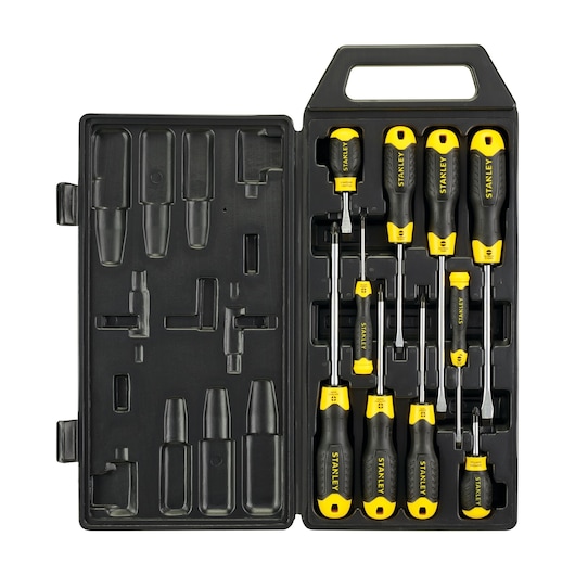 Stanley screwdriver set in black case with yellow and black handles, various sizes arranged in slots.