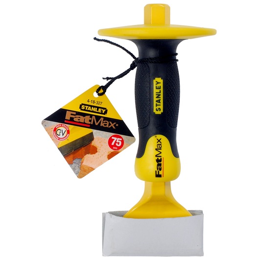 STANLEY 4-18-327 FatMax brick chisel with hand guard, black and yellow, front angle on white background.