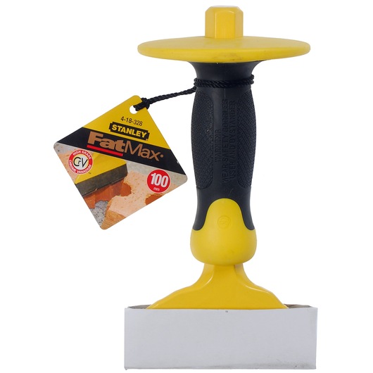 STANLEY 4-18-328 masonry chisel with yellow and black grip and hand guard, upright angle, white background.