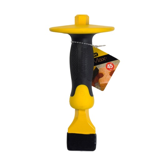 STANLEY 4-18-333 hand chisel with yellow and black handle and safety guard, front view on white background.