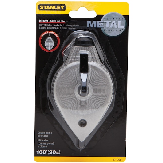 STANLEY 47-099 die-cast metal chalk line reel, silver, in retail packaging, front angle.
