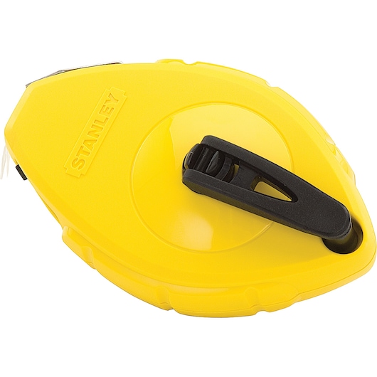 Stanley 47-440 chalk line reel, yellow plastic casing, shown from top angle on white background.