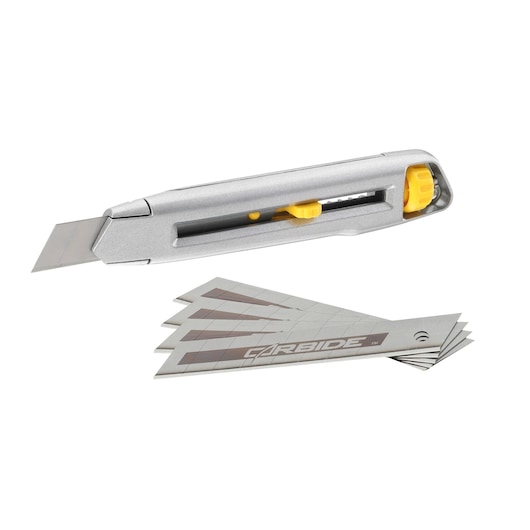 STANLEY 7-10-018 silver utility knife with yellow slider and extra carbide blades, product side view on white background.