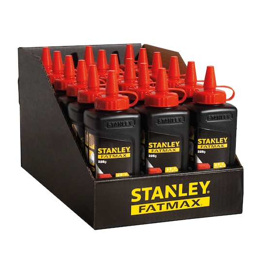 STANLEY 9-47-821 FATMAX chalk bottles with red caps in a display box, front angle photo.