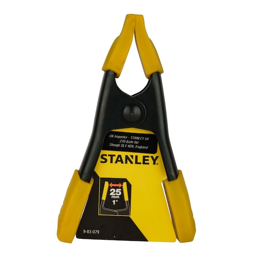 Photo of STANLEY 9-83-079 photography spring clamp with yellow and black design, 25mm jaw opening, front angle.