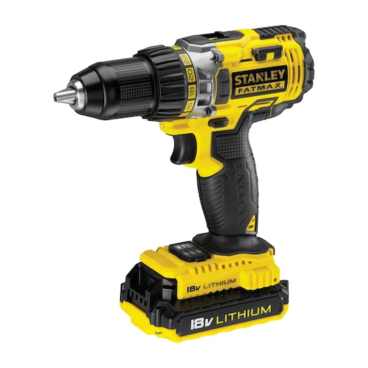 STANLEY FMC600D2 cordless drill, yellow and black, with 18V lithium battery, side angle on white background.