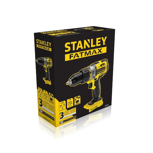 Photo of STANLEY FMC625B drill packaging box, showing yellow and black cordless drill on white background.