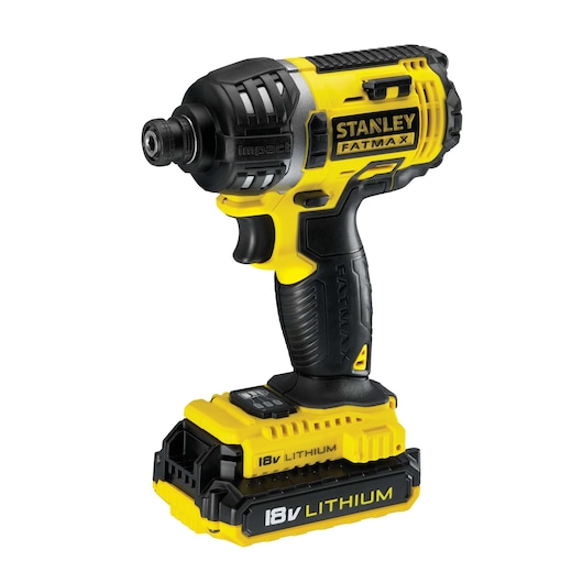 Photo of STANLEY FMC645D2 impact driver, 18V lithium power tool, yellow and black, side angle on white background.