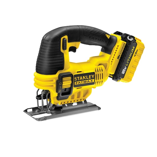 Photo of STANLEY FMC650M2 cordless jigsaw with yellow and black design, side angle, 18V lithium battery visible.