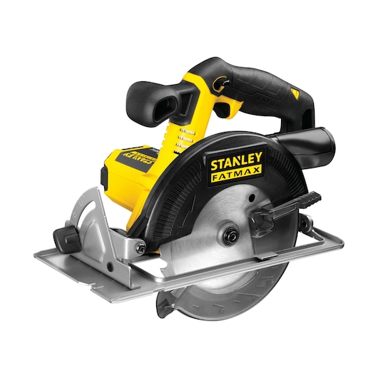 STANLEY FMC660B circular saw, yellow and black, side angle on white background.