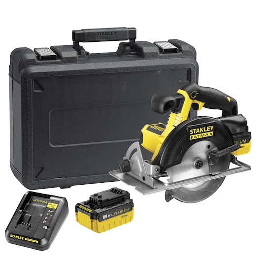 Stanley FMC660M2 circular saw kit with black carrying case, battery and charger, front angle.