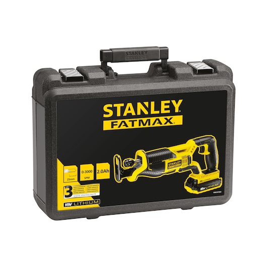 STANLEY FMC675D2 photography of black and yellow reciprocating saw kit box, front angle on white background.