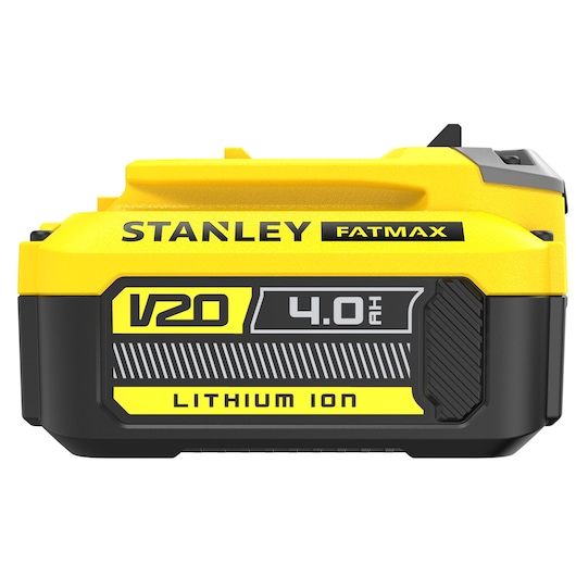 STANLEY FMC688L lithium ion V20 4.0Ah battery, yellow and black, front angle on white background.