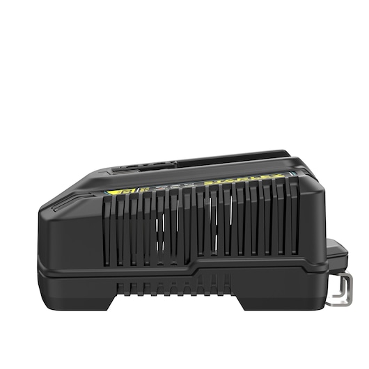 STANLEY FMC692L battery charger side view, black with vented casing, product photography on white background.