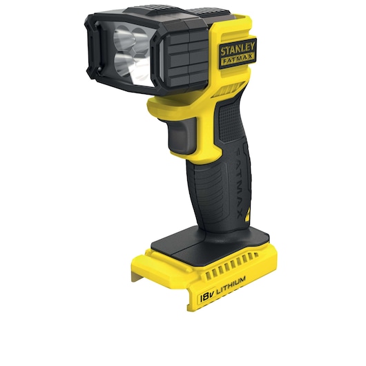 STANLEY FMC705B cordless yellow and black LED work light, FATMAX, photography, front left angle.