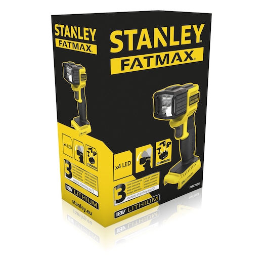 STANLEY FMC705B FATMAX 18V lithium LED work light box, angled view, black and yellow packaging.