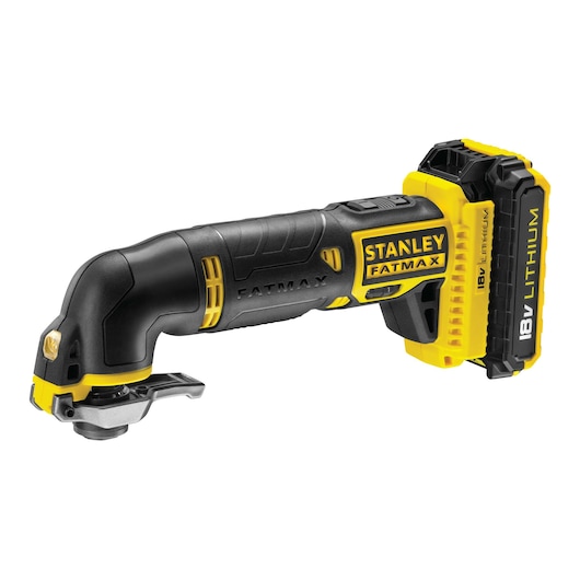 STANLEY FMC710D2 cordless multi-tool, black and yellow, side view on white background.