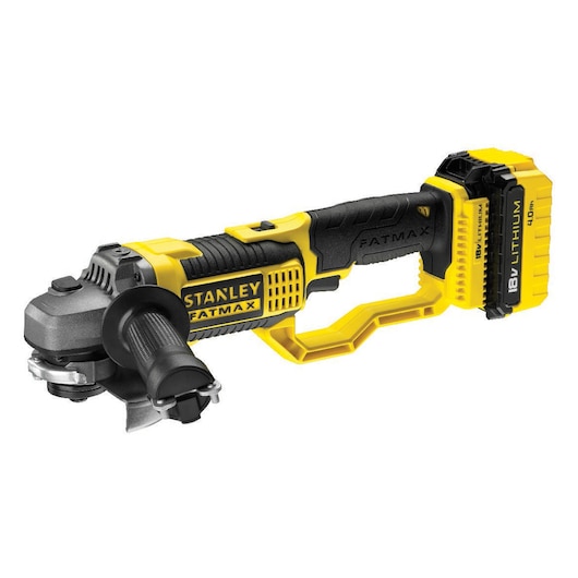 STANLEY FMC761M2 cordless angle grinder, yellow and black, side view, with 18V lithium battery attached.