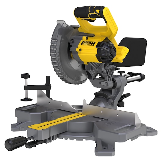Photo of STANLEY FMCS701B miter saw, yellow and black tool on white background, side angle view.