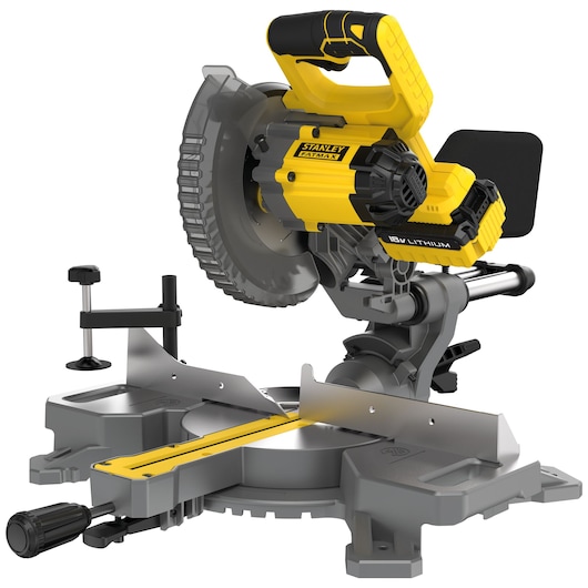 STANLEY FMCS701M1 cordless miter saw, yellow and black, angled view, power tool on white background.