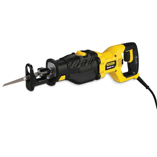 STANLEY FME365K reciprocating saw, yellow and black, side angle on white background.