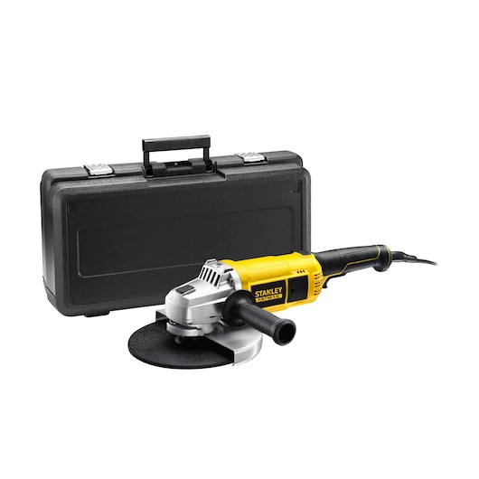 STANLEY FME841K angle grinder with yellow and black handle, shown with black carrying case, front angle.