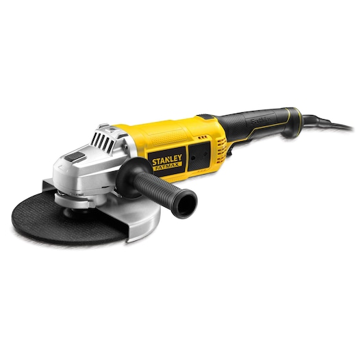Photo of STANLEY FME841K angle grinder, yellow and black, side view, with auxiliary handle and power cord.