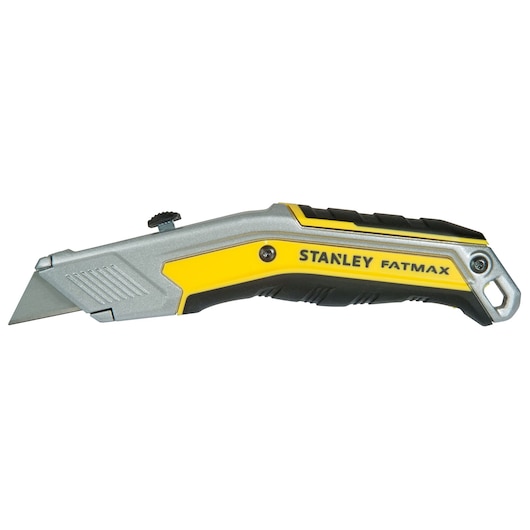 Photo of STANLEY FMHT0-10288 utility knife, silver and yellow, left-side view, FatMax series.